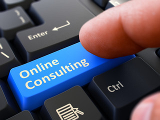 Poster - One Finger Presses Blue Button Online Consulting on Black Computer Keyboard. Closeup View. Selective Focus. 3D Render.