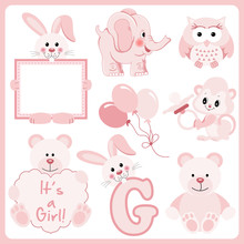 Baby Girl Pink Animals Digital Clipart
