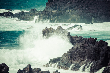 Powerful waves of Atlantic ocean near Tenerife coast, focus on w