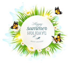 Poster - appy summer holidays banner with grass and butterflies. Vector.