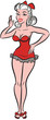 1940s comic style ink drawing of a pinup girl in a red bathing suit calling out to someone