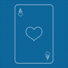 Playing card Ace of hearts. Vector illustration on Blueprint Bac