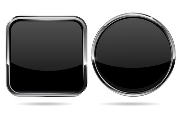 Poster - Black button. Shiny round and square button with metal frame.