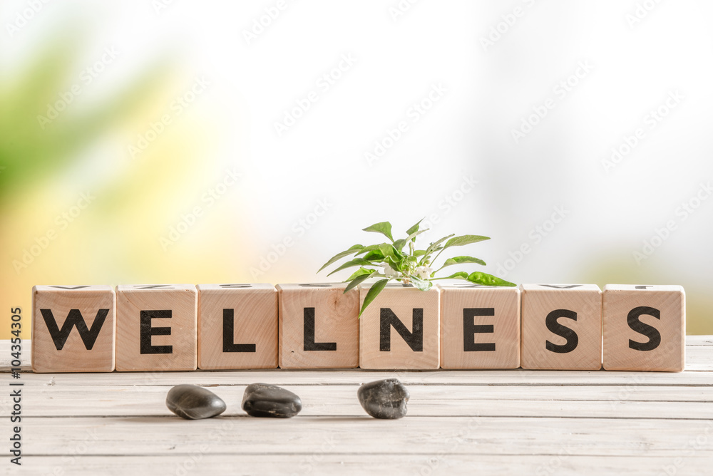 Wellness sign with wooden cubes - obrazy, fototapety, plakaty 