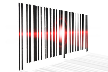 Barcode scanning red beam on white background.