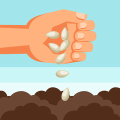 Illustration of human hand sows seeds into soil