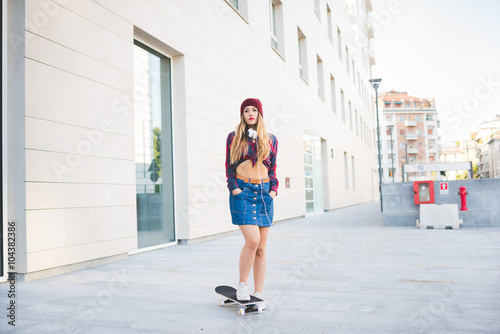 Young Handsome Caucasian Blonde Straight Hair Woman Model Skater