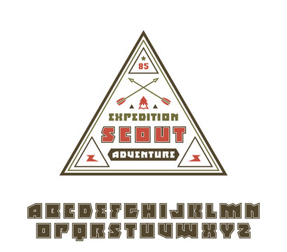 Square sanserif font with contour and scout emblem