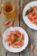 Wall Mural - Fresh boiled shrimp and beer mug