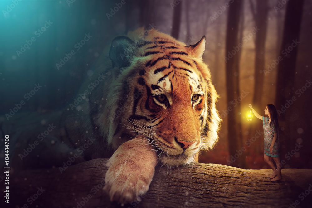 A fantasy world - a woman and a giant tiger - obrazy, fototapety, plakaty 