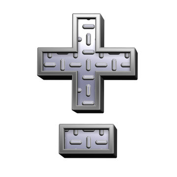 Hyphen, minus, plus marks from steel tread plate alphabet set, isolated on white. Computer generated 3D photo rendering.