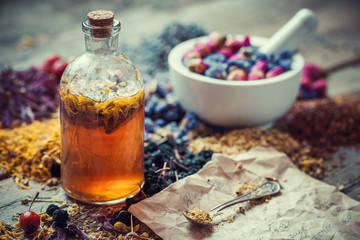 Wall Mural - Tincture bottle, mortar of healing herbs and paper of recipes on