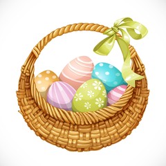 Poster - Realistic round wicker basket with Easter eggs isolated on white