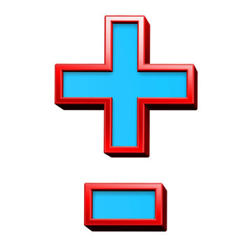 Hyphen, minus, plus marks from blue glass with red frame alphabet set, isolated on white. Computer generated 3D photo rendering.