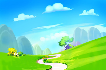 creative illustration and innovative art: clean green hill with road to the mountain. realistic fant