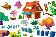 Creative Illustration And Innovative Art: Nature And Building Cartoon Items Set Isolated 2. Realistic Fantastic Cartoon Style Artwork Scene, Wallpaper, Story Background, Card Design