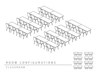 Meeting room setup layout configuration Classroom isometric style, perspective 3d with top view illustration outline black and white color