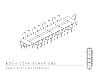 Meeting room setup layout configuration Conference Boardroom isometric style, perspective 3d with top view illustration outline black and white color