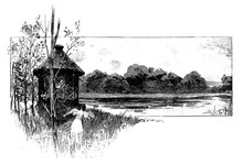 Girl Walking To A Cabin On Lake Border