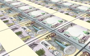 Iraqi dinars bills stacked background. Computer generated 3D photo rendering.