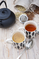 two cups 1 black tea rooibos and other fennel with teapot in the