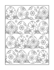 Wall Mural - Easter themed coloring page for adults and children with painted eggs, or monochrome decorative background.
