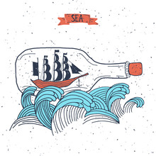 Sailing Ship In The Bottle, Hand Drawn Vector Illustration For Poster, Greeting Card, T-shirt