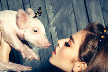 Wall Mural - Woman with pig