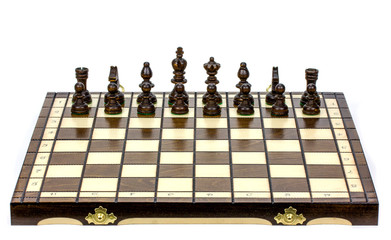 Chess battle on wood board on white background