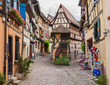 Timbered houses in the village of Eguisheim in Alsace, France.