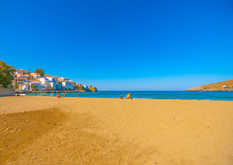 Wall Mural - The famous Neimporio sand beach at Chora of Andros island in Greece 