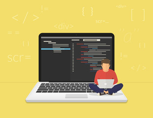 Wall Mural - Man is sitting on the big laptop and working. Flat modern illustration of young programmer coding a new project using computer