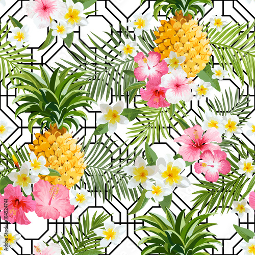 pinapples-i-tropikalny-kwiat-geometrii-tlo-rocznika-bezszwowy-wzor