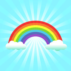 Wall Mural - colorful rainbow with clouds on sunburst background. vector illustration.