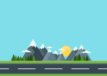 Country Road In Green Field And Mountains. Rural Street Flat Style Illustration. Summer Or Spring Landscape. Vector Flat Background With Space For Text. 