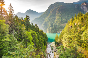 scene over Diablo lake when sunrise in the early morning in North cascade National park,Washington,usa.