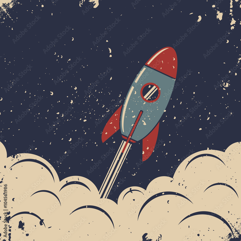 Rocket launch retro poster. Vector illustration Stock Vector | Adobe Stock
