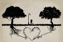 Two Trees In Front Of Each Other With Underground Roots Growing Together In Shape Of A Heart And A Couple Hugging In The Middle. Relationship Love And Togetherness Concept