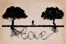 Two Trees In Front Of Each Other Growing In Love Relationship And Romance Concept With Underground Roots Merge Together In Shape Of Love Word. Relationship And Togetherness