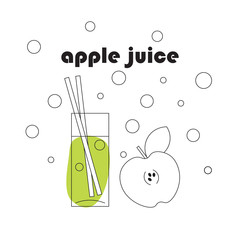 Linear illustration of cup with apple juice. Apples.