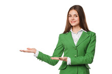 Smiling Woman Showing Open Hand Palm With Copy Space For Product Or Text. Business Woman In Green Suit, Isolated Over White Background