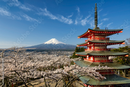 Fotografía Monte Fuji con árboles de cerezo y pagoda, Japón