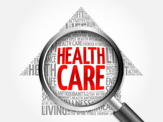 Wall Mural - Health care arrow word cloud with magnifying glass, health concept