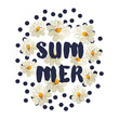 Print for tee shirt with message Summer. Wild daisy flower on the white background with black dots. Typographic design artwork. Vector poster or card, decor for home, pillow.