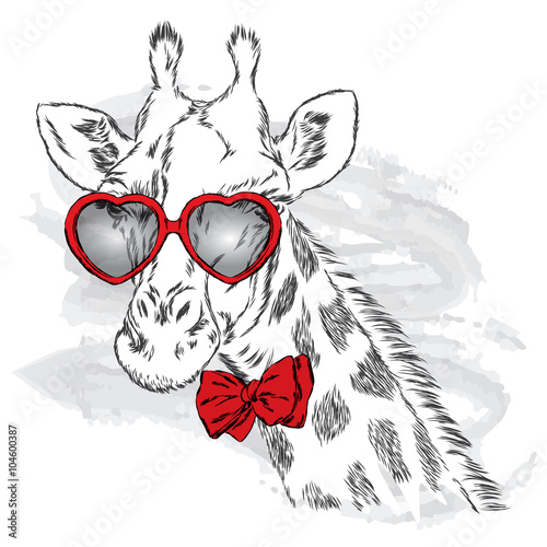 Naklejka - mata magnetyczna na lodówkę Wektorowa żyrafa z krawatem i okularami