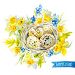 Eggs in the nest with yellow and blue flowers on the white background. Happy Easter! Watercolor vector greeting card.