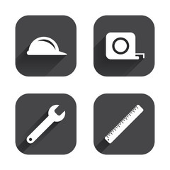 Poster - Construction helmet and ruler, roulette icons.