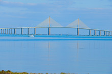 Sunshine Skyway Bridge Spanning Over The Beautiful Tampa Bay In Sunny Florida