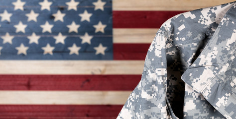 Military uniform with faded boards painted in American USA flag for Independence, veteran, labor, or memorial day holiday 