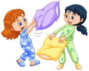 Wall Mural - Two girls playing pillow fight at slumber party